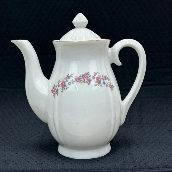 Vintage Japan White Porcelain Floral Teapot Gold Trim‎ Ribbed Tea Pot with Lid