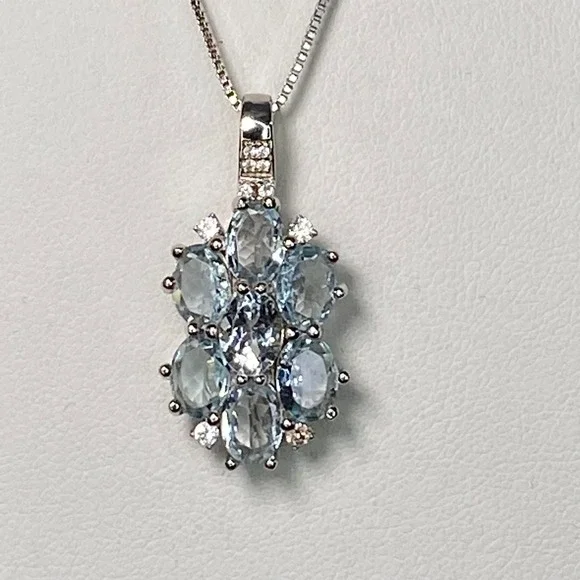Brazilian Aquamarine‎ & White Zircon Sterling Silver Necklace Women's 925 New