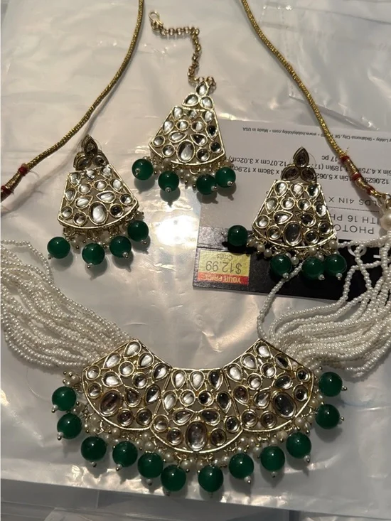 Gold-Tone Kundan Necklace Set with Green Beads - Women Jewelry