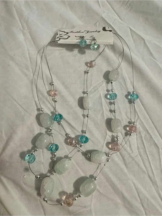 Fashion Jewelry Mint Green & Blush Multi-Strand Bead Necklace