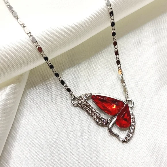 Butterfly Necklace Silver Red Gemstone Rhinestone Butterfly Wing Diamond Accent