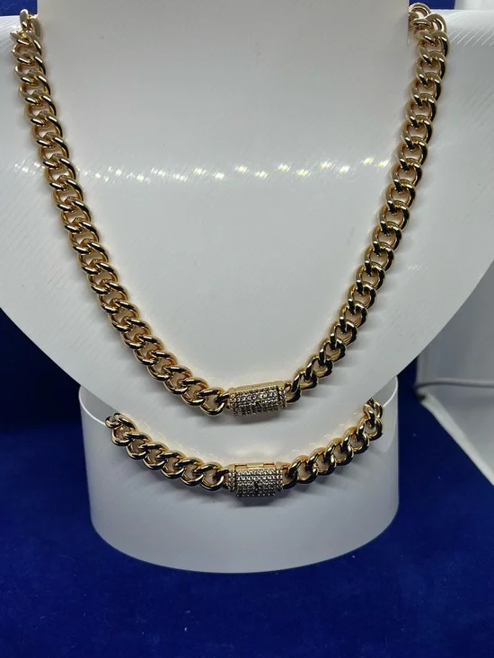 Gold Cuban Link Necklace and Bracelet Set with Pavé Barrel Accent