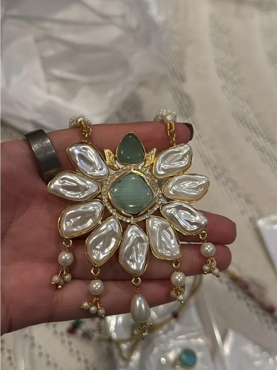 Desi Gold-Tone Pearl & Green Stone Floral Pendant Necklace