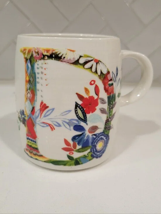 Starla M. Halfmann Anthropologie Floral Letter D Ceramic Mug in White