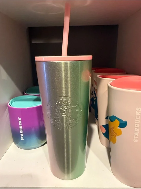 Starbucks Iridescent Green-Silver Tumbler with Pink Lid and Straw