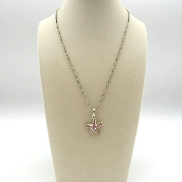 Starfish Pendant Necklace Pink Crystals‎ Silver Tone 16