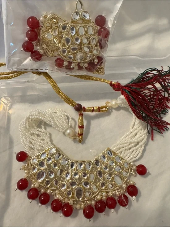 Gold-Tone Kundan Necklace with Red Bead Fringe - Women Jewelry