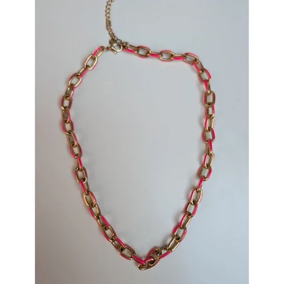 Gold Tone Hot Pink Enamel Link Chain‎ Necklace Neon Adjustable Lobster Clasp