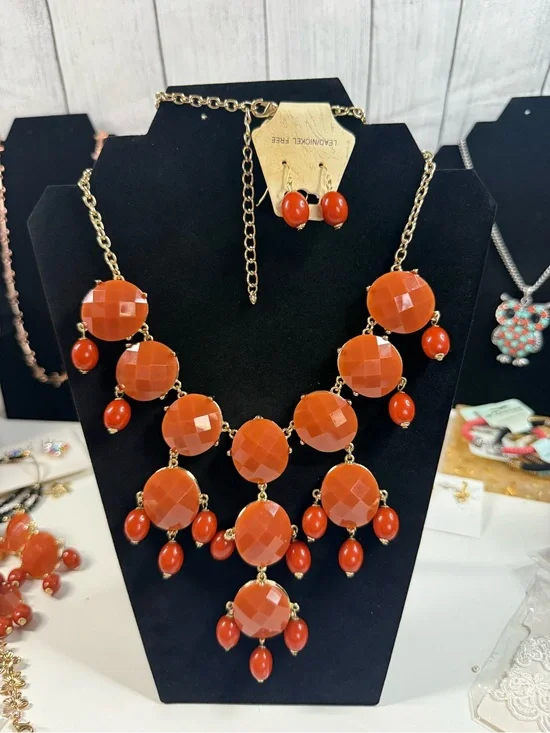Women's Orange Statement Bib Necklace and Earring Set - Gold color burnt orange