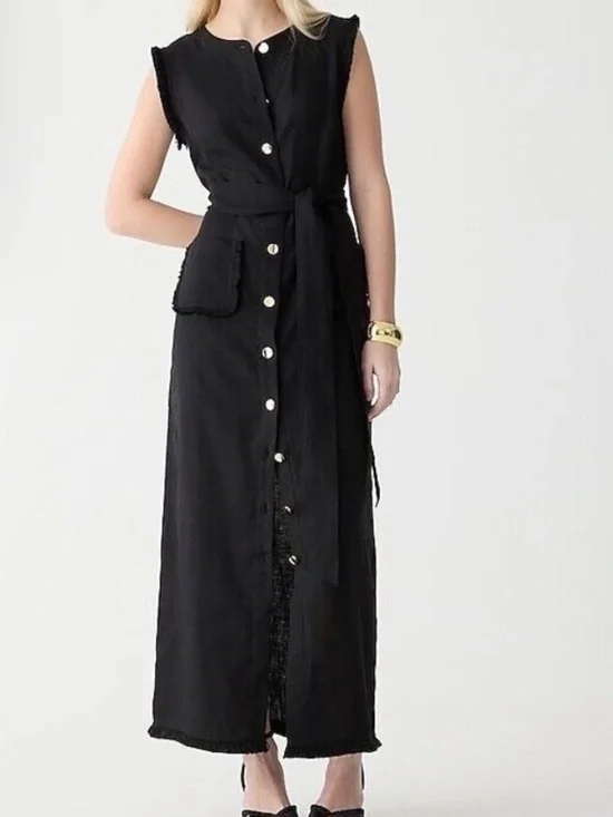 J.Crew Maxi DressLinen Blend Fringe Trim Button Front Gold Button Size XS