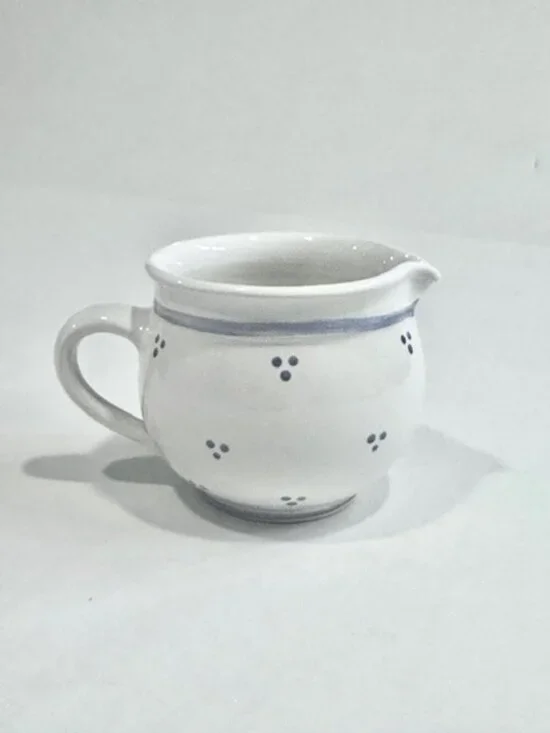 Vintage Ceramic Creamer with Handle Triple Dot Design Blue Line Rim White 3.5in