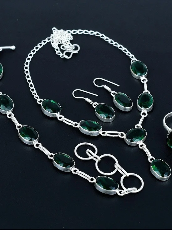 Sterling Silver Green Oval Gemstone Necklace & Earring Set