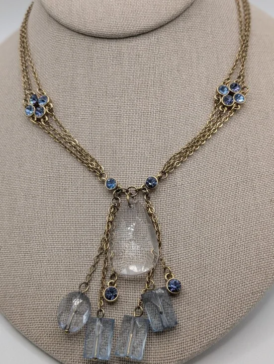 Vintage Gold Tone Rhinestone & Acrylic Bead Statement Necklace  Periwinkle