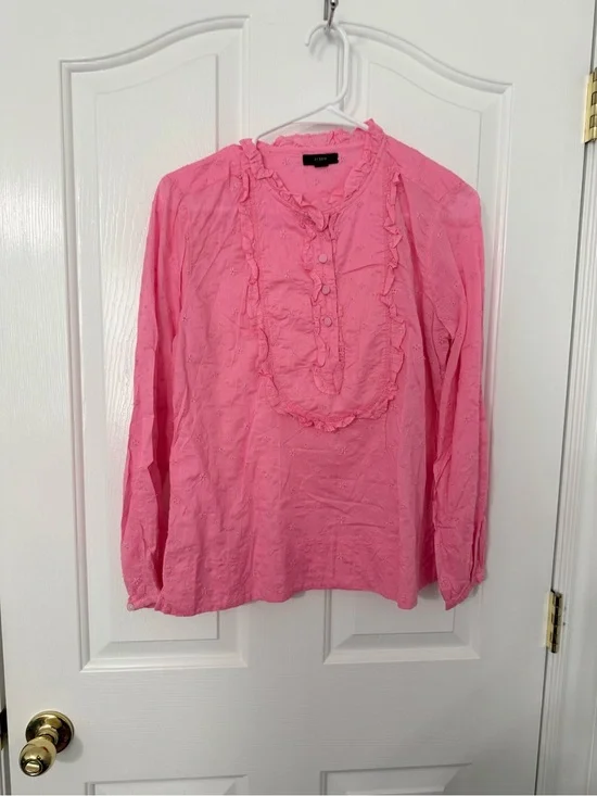 JCrew Pink Ruffle Front Button Blouse