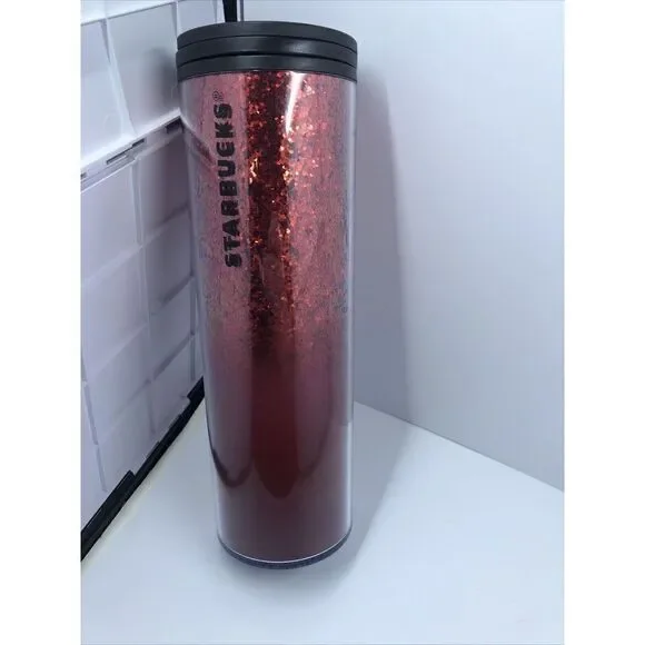 Starbucks 16oz Twist Lid Tall Tumbler Travel Mug Cup Holiday Red Sparkle Glitter