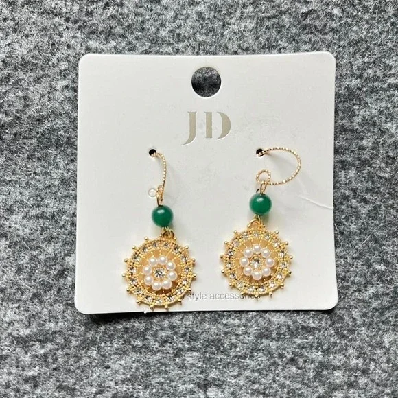Accessories Gold Tone Round Dangle Earrings‎ Green Beaded Flower Pearl Accents