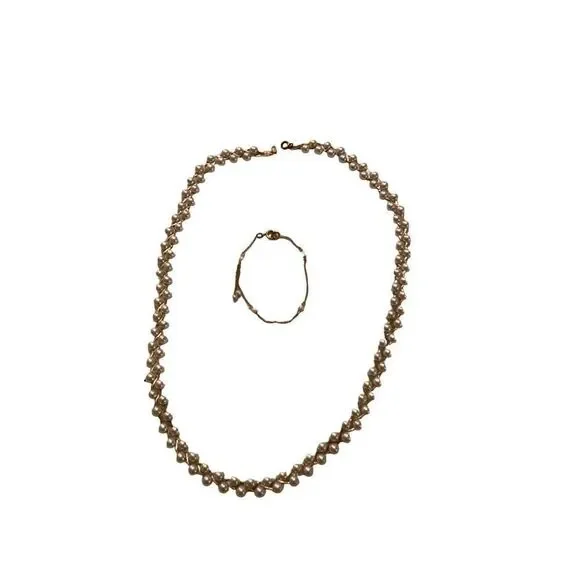 Faux Double Row Pearl Necklace Bracelet Set Vintage 70s 80s 90s Jewelry Pendant