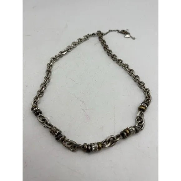 Fossil Silver Tone Chain Necklace Key Heart Charm Mixed Metal Rhinestone 18”
