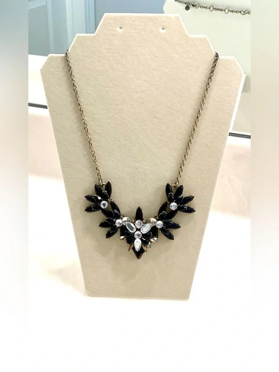 J. Crew Black and Clear Crystal Floral Statement Necklace