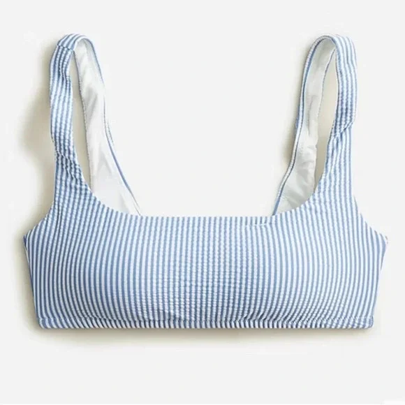 New J Crew Squareneck Bikini Top Seersucker Blue White