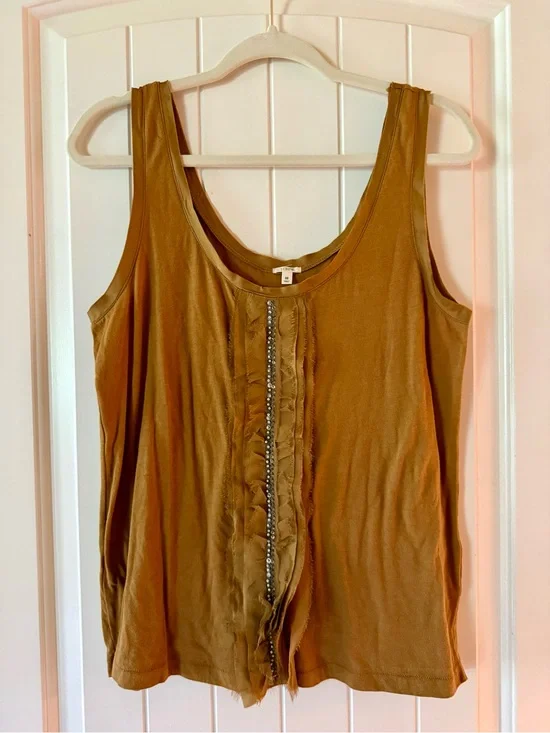 J. Crew Ruffle-Trim Tank with Center Bead Detail-Cotton and Silk
