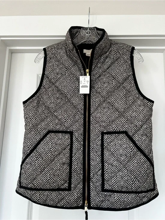 J. Crew Black & White Herringbone Quilted Vest with Contrast Trim