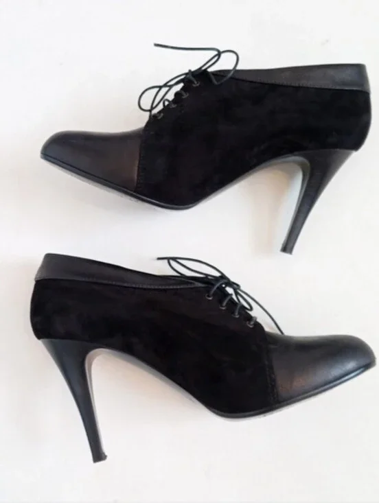 J. Crew black leather and suede heeled lace up ankle booties