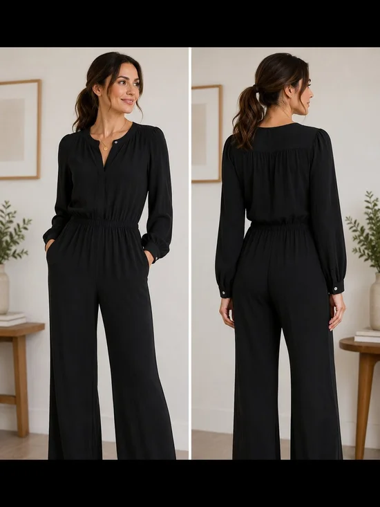 J. Crew Black Long-Sleeve Wide-Leg Jumpsuit