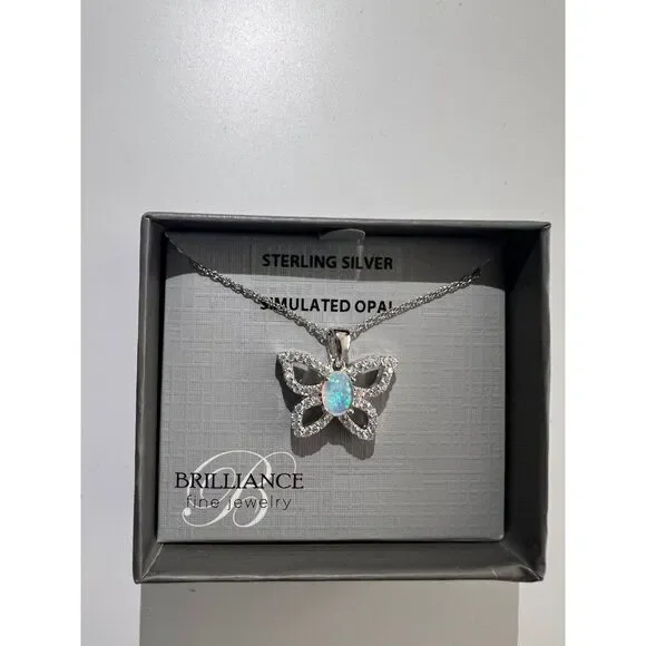 Necklace Butterfly Pendant Simulated Opal crystal details Sterling Silver New