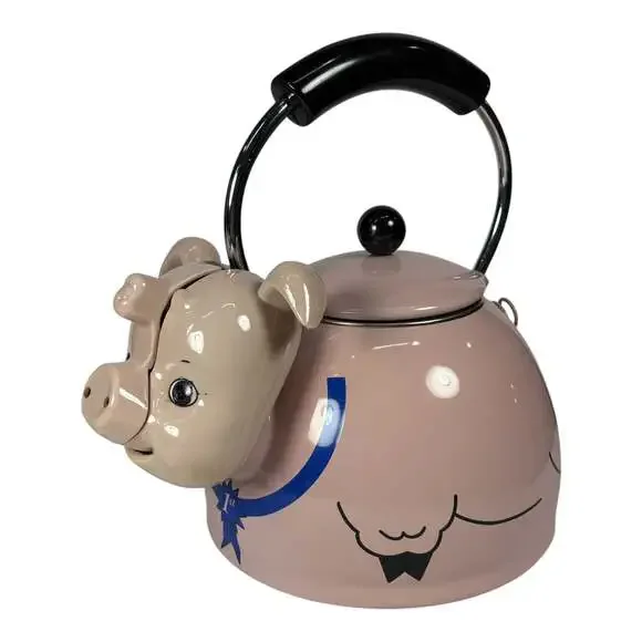 Vintage Kamenstein Pink Pig Enamel Whistling Tea Kettle Teapot with Curly Tail