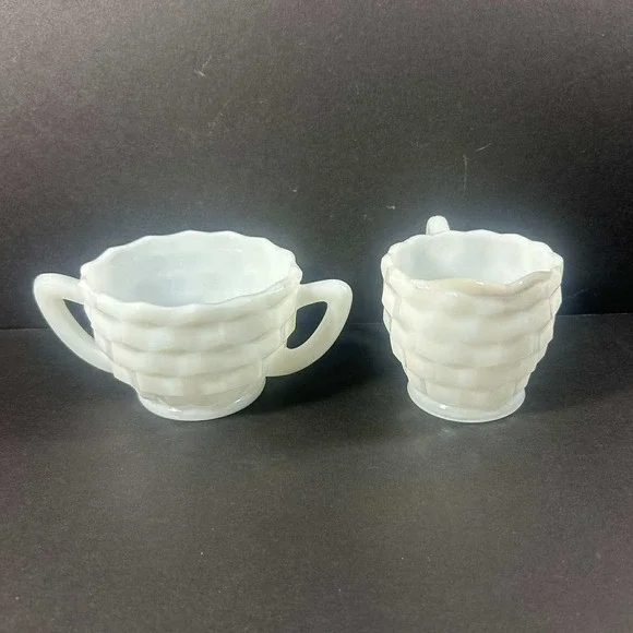 Milk‎ Glass Basketweave Creamer Sugar Bowl Set White Vintage