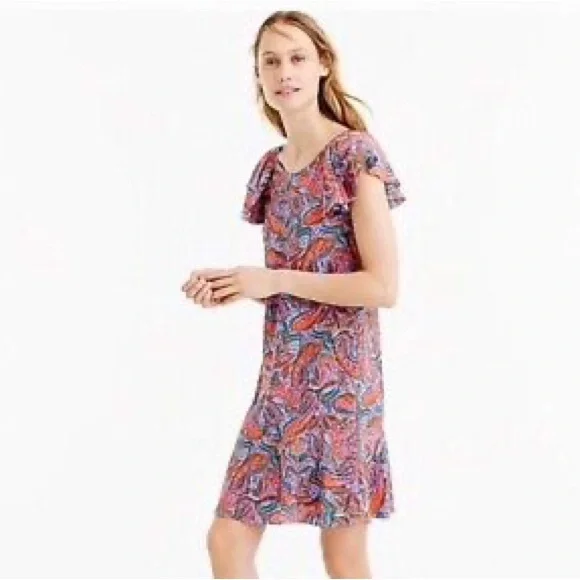 J.Crew paisley silk ruffle sleeve shift dress size 4 petite