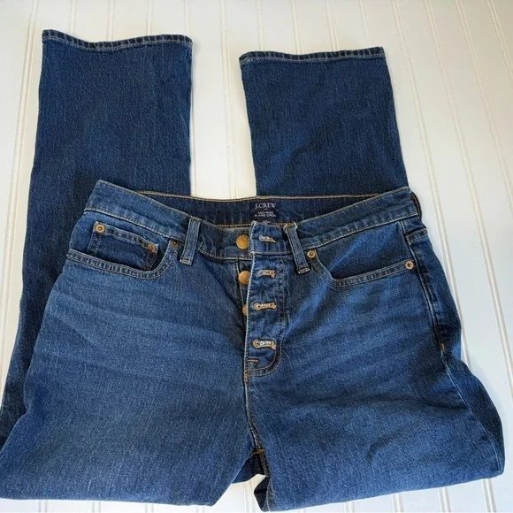 J.Crew Women's Mid-Rise Flare Crop Jeans 28 Blue Denim Button Fly Stretch. 1418
