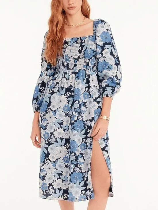 J.Crew Linen Day Dream Midi Dress Blue Zinnia Floral Puff Sleeves Petite Size MP