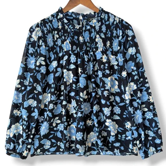 J. Crew Floral Smocked Blouse M Blue Ruffle Mock Neck Cottagecore Lined Boho