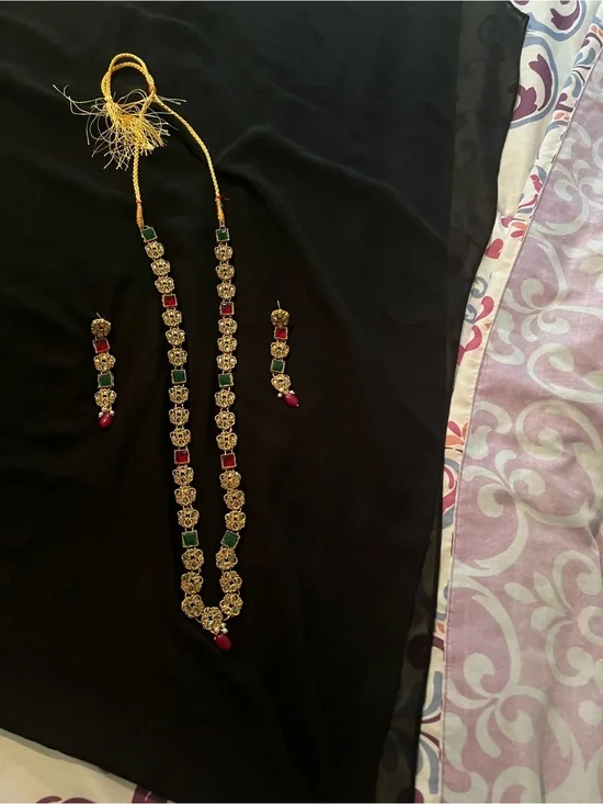 Gold-Tone Red & Green Stone Long Necklace with Matching Earrings - Women Jewelry