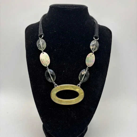 Vintage Lia‎ Sophia Abalone Oval Pendant Necklace Smoky Quartz Beads Suede Cord