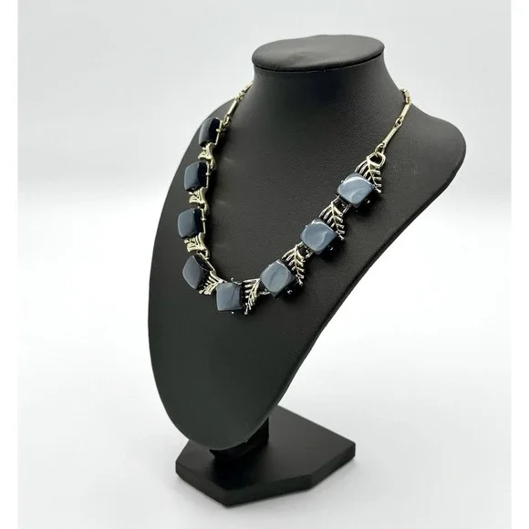 Vintage Coro Thermoset Necklace Blue Gray Leaf Choker Gold Tone Mid Century
