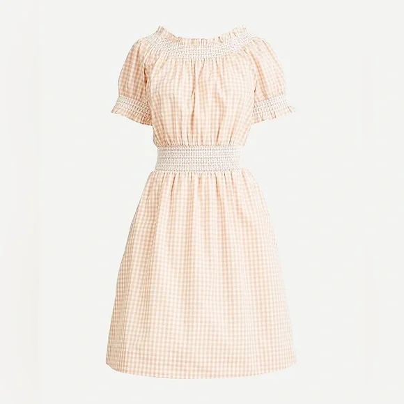 Smocked Puff Sleeve JCrew Poplin Dress Gingham Pink Peach Off Shoulder Summer XL