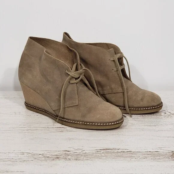 J Crew Tan Suede Wedge Booties  Size 9 good pre-owned condition