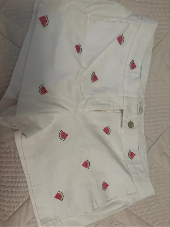 J. Crew White Shorts with Pink & Green Watermelon Embroidery