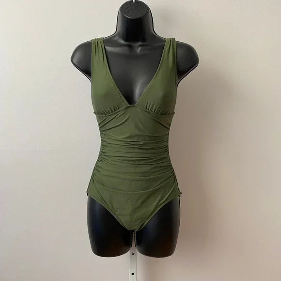 J. Crew Size 2 Olive Green One Piece Swimsuit Ruched V-Neck Swimwear