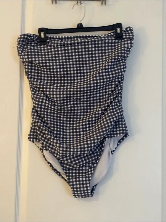 J. Crew Navy & White Gingham Strapless One-Piece Swimsuit