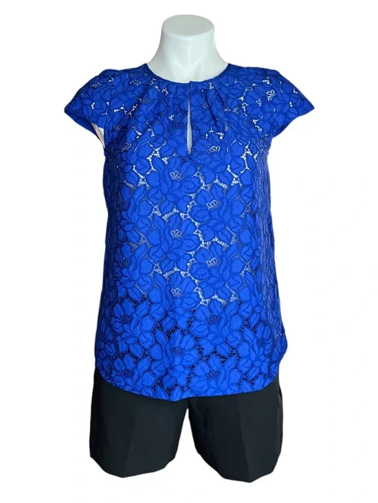 J. Crew Royal Blue Lace Shell Top Size 0 Floral Keyhole Blouse