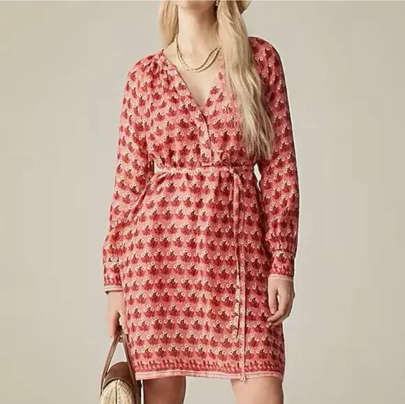 J.Crew Cabana Mini Dress Block-Print Ramie Pink Boho Womens M NWT