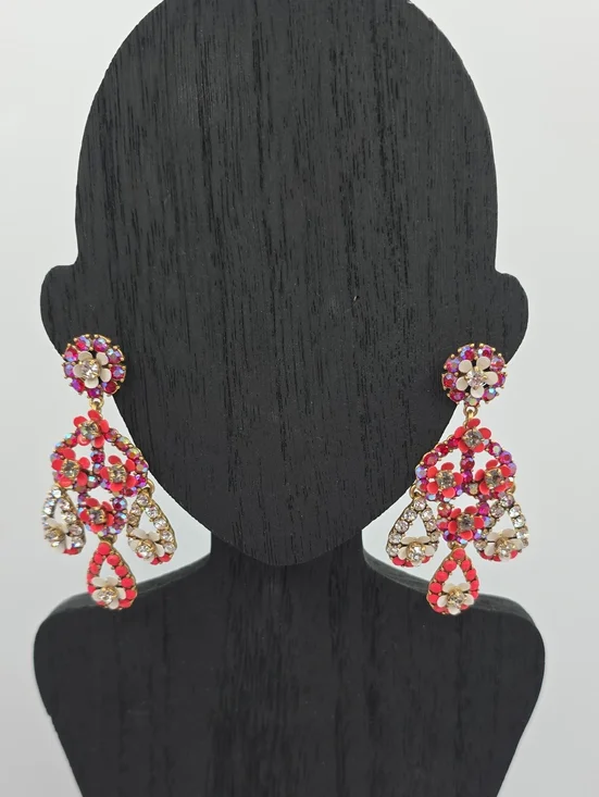J. Crew Pink and Red And Iridescent Red Crystal Drop Chandelier Earrings Vintage