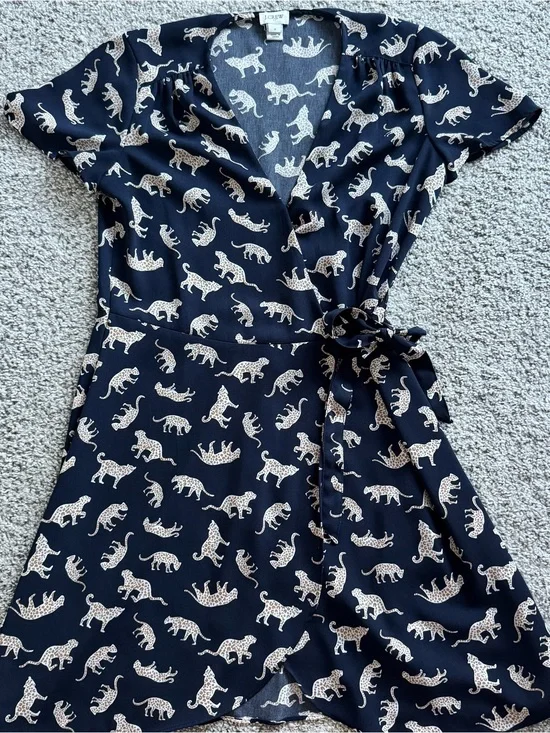 J.Crew Navy Wrap Dress with Leopard Print