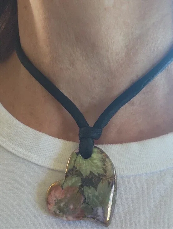 Handmade Heart Pendant Necklace in Green and Pink