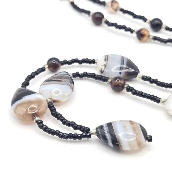 Banded Agate Beaded Necklace Black‎ White Teardrop 20