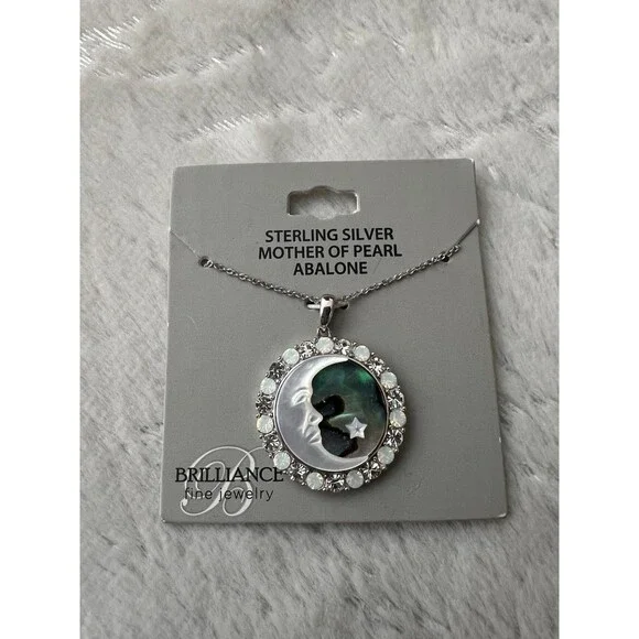 Necklace Sterling silver 925 mother of pearl and abalone moon star crystal new